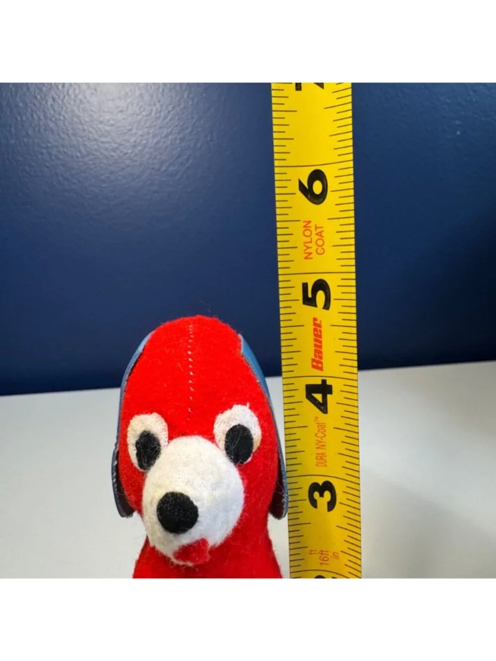 Vintage Red & Blue Felt Dog Plush Toy With Stitched Details And Blue Vinyl Ears